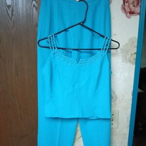 Paris Aqua Blue Beaded Top And Pantsuit Set